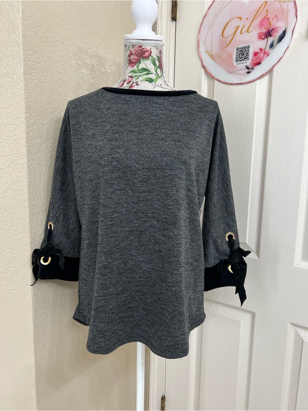 Charter Club Heather Gray Boatneck Long Sleeve Top with Black Ribbon Cuffs